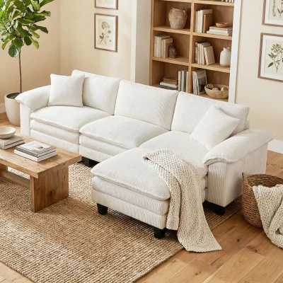 HOMCOM L-Shaped Sectional Sofa with Ottoman, Pillow-Top Armrests, Beige