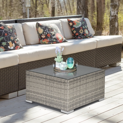 Outsunny Rattan Garden Coffee Table, 25.6" Square Garden Rattan Table with Tempered Glass Top, Grey