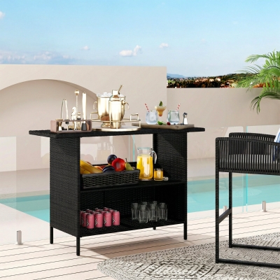 Outsunny Wicker Outdoor Bar Table, PE Rattan Bar Height Patio Table with 2 Shelves, Steel Frame for Garden, Backyard, Black