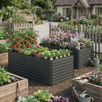 Outsunny Set of 2 Galvanised Raised Garden Bed, 6 x 3 x 2 ft Metal Garden Bed with Safe Edging, Dark Grey