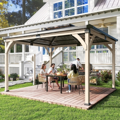 Outsunny 12' x 14' Hardtop Gazebo Canopy with Galvanized Steel Roof, Wood Frame, Double Roof Outdoor Gazebo, Light Walnut