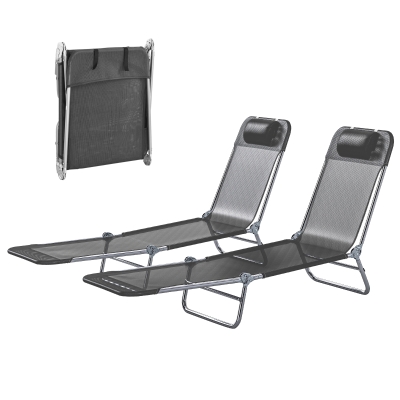 Outsunny 2-Piece Folding Chaise Lounge Chairs with Headrest, Black
