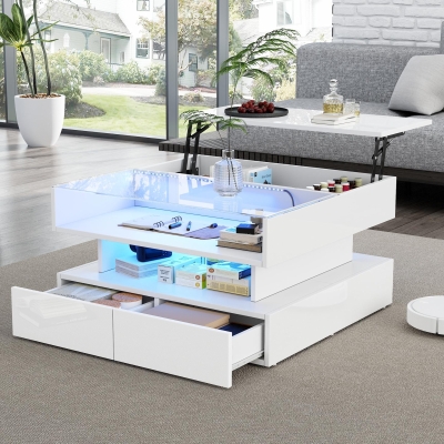 Lift-Top Coffee Table with App-Controlled LED Lighting, Space-Saving Center Table for Compact Homes, 31.5'' L x 31.5'' W x 17.5'' H, White