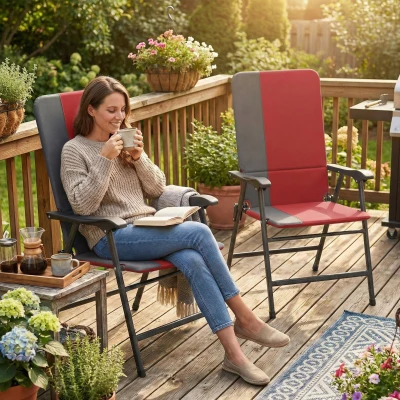 Outsunny Set of 2 Folding Patio Chairs, Padded High Back, Red