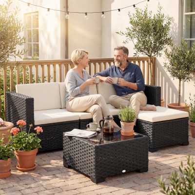 Outsunny 5 Piece Patio Furniture Set, L-Shape Wicker Outdoor Sectional with 3 Chairs, Ottoman, Glass Table, Cushions, Cream