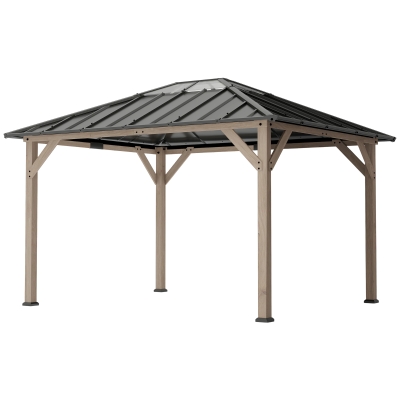 Outsunny 10' x 12' Hardtop Gazebo with Steel Roof, Light Walnut