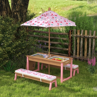 Qaba Kids Picnic Table and Bench Set with Removable Umbrella, Cushions & Boxes, Flamingo Theme for Outdoor, Pink