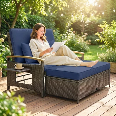 Outsunny Rattan Outdoor Daybed Sofa w/Storage Ottoman, Navy Blue