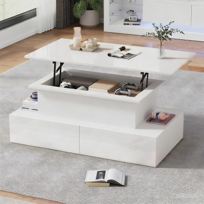 Sleek Lift-Up Coffee Table with LED Lighting and 4 Drawers, Durable Center Table for Living Room, 35.5" L x 21.5" W x 16.5" H, White