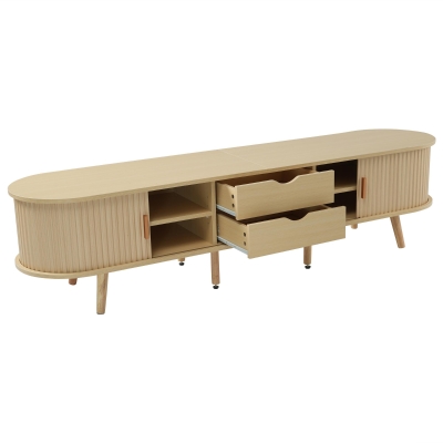 Stylish TV Stand with Rounded Corners and Oval Top, Versatile TV Cabinet for Living Room, 69" L x 15.5" W x 16.5" H, Natural Wood