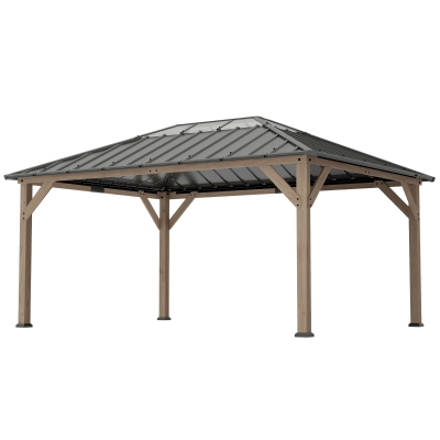 Outsunny 12' x 16' Hardtop Gazebo with Steel Roof, Light Walnut