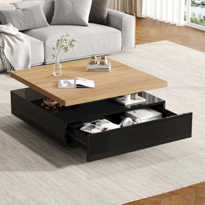 Square Rotating Coffee Table with 360° Rotating Tabletop, Durable Center Table for Livng or Reception Areas, 27.5'' L x 27.5'' W x 14'' H, Black