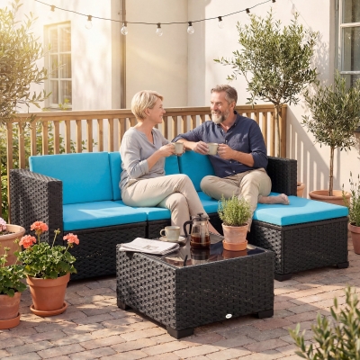 Outsunny 5 Piece Patio Furniture Set, L-Shape Wicker Outdoor Sectional with 3 Chairs, Ottoman, Glass Table, Cushions, Turquoise