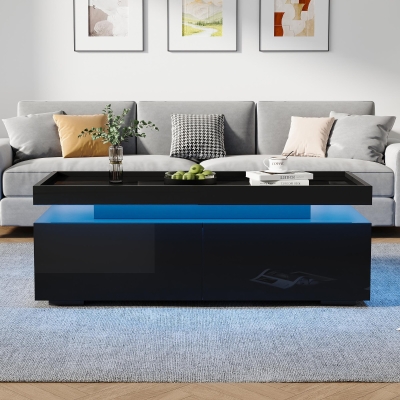 High-Gloss Coffee Table with App-Controlled LED Ambient Lighting, Functional Center Table for Living Room, 37.5" L x 17.5" W x 13.5" H, Black