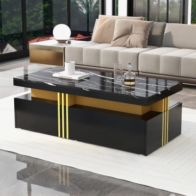 Minimalist Coffee Table with 2 Drawers and High-Gloss Finish, Multi-Use Side Table for Living Spaces, 39.5'' L x 19.5'' W x 15.5'' H, Black