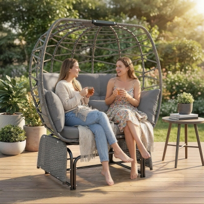 Outsunny Double Outdoor Glider Egg Chair, Outdoor Loveseat Glider with Cushions and Pillows, Dark Grey