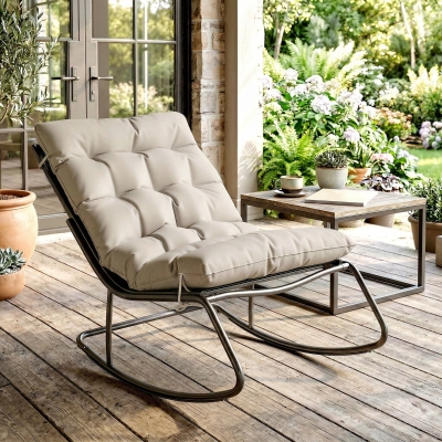 Outsunny Outdoor Rocking Chair, Oversized Rocking Patio Chair with 25" Extra Wide Mesh Seat and Cushion, Khaki