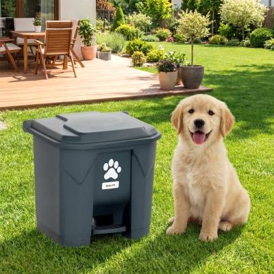 Outsunny Dog Poop Outdoor Garbage Bin, 8 Gal Pet Waste Garbage Can with Lid and Pedal, Waterproof Plastic Trash Can, Dark Grey