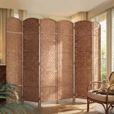 HOMCOM 6ft Folding Room Divider, 6 Panel Wall Partition with Wooden Frame for Bedroom, Home Office, Natural