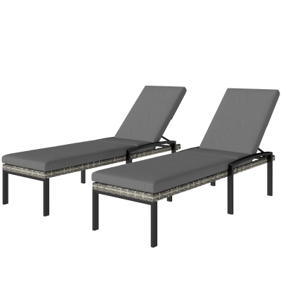 Outsunny Chaise Lounge Chairs Outdoor, Set of 2 Wicker Patio Lounge Chairs with 5-Level Adjustable Backrest, Cushion