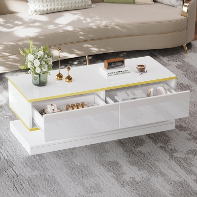 Space-Saving Coffee Table with Bottom-Slide Drawers, High-Gloss Centre Table for Living Room and Office, 39.5'' L x 19.5'' W x 15'' H, White