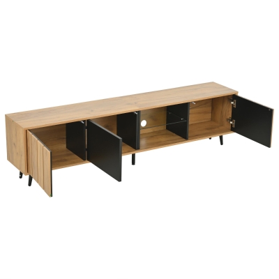 Sleek TV Stand with 3 Doors and 2-Tier Tempered-Glass Shelf, Slim TV Cabinet with Hidden Storage, 69" L x 12.5" W x 17.5" H, Natural Wood