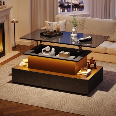 Sleek Lift-Up Coffee Table with LED Lighting and 4 Drawers, Durable Center Table for Living Room, 35.5" L x 21.5" W x 16.5" H, Black