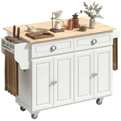 HOMCOM Rolling Kitchen Island Cart with Drop Leaf & Drawers, White