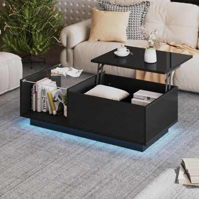 Lift-Up Coffee Table with App-Controlled LED Light and Half Glass Top, Modern Center Table for Living Room, 39.5" L x 19.5" W x 13" H, Black