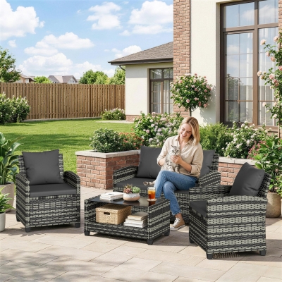 Outsunny 4 Piece Wicker Patio Furniture Set, Outdoor Furniture Conversation Set with Loveseat, Chairs, 2 Tier Table, Dark Grey