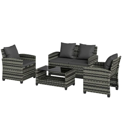 Outsunny 4 Piece Wicker Patio Furniture Set, Outdoor Furniture Conversation Set with Loveseat, Chairs, 2 Tier Table, Dark Grey
