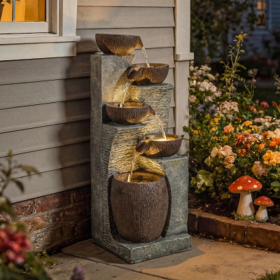 Outsunny Outdoor Cascading Rock Water Fountain, 5-Tier Waterfall Feature with LED Lights, Adjustable Flow, Grey and Rustic Brown