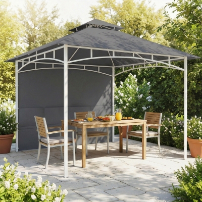 Outsunny 10' x 10' Patio Gazebo, Double Roof Outdoor Gazebo Canopy Shelter with Storage, Hook, Metal Frame, Dark Grey