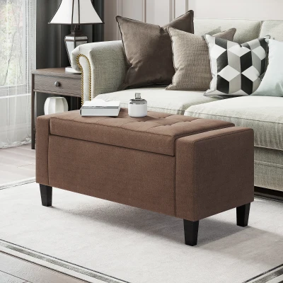 HOMCOM Linen Upholstered Storage Bench with Lift Top, Dark Brown