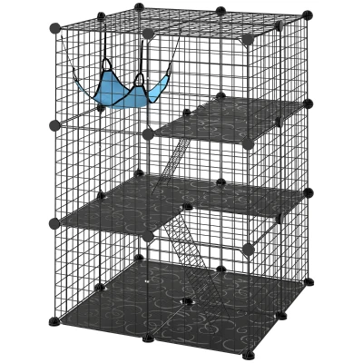 PawHut 3 Tier Cat Cage Crate, DIY Pet Playpen with 3 Doors, Ladders, Hammock, Platforms, Indoor Playpen for Kittens, Black