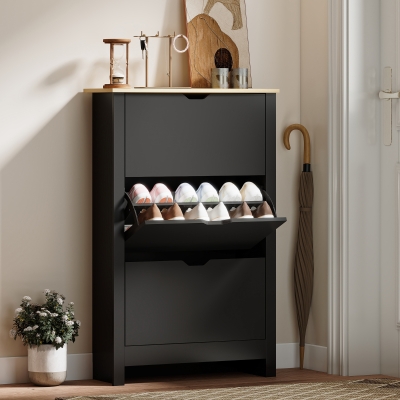 HOMCOM Shoe Storage Cabinet with 3 Flip Drawers and Adjustable Shelves for 18 Pairs of Shoes, Black