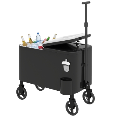 Outsunny 60-Qt Outdoor Patio Cooler Cart, Rolling Ice Chest with Adjustable Handle, Wheels, Bottle Opener, Drainage, Black