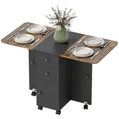 HOMCOM Drop Leaf Dining Table, Mobile Folding Table on Wheels with Drawers and Cabinet for Dining Room, Rustic Brown and Black