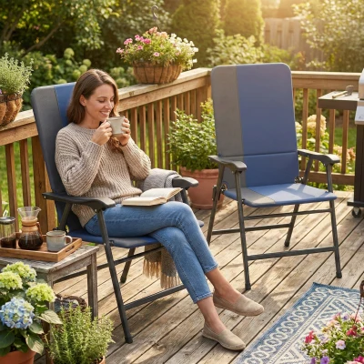Outsunny Set of 2 Folding Patio Chairs, Padded High Back, Dark Blue