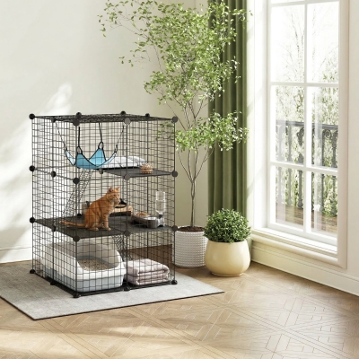 PawHut 3 Tier Cat Cage Crate, DIY Pet Playpen with 3 Doors, Ladders, Hammock, Platforms, Indoor Playpen for Kittens, Black