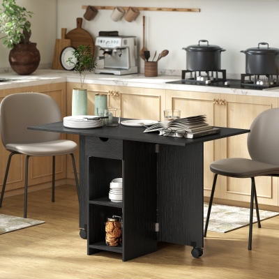 HOMCOM Folding Dining Table with Storage, Drop Leaf Kitchen Table with Drawer and Shelves for Small Spaces, Black