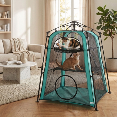 PawHut Cat Tent, 3-Tier Portable Pet Tent for Indoor Outdoor, Cat House with Multi-Door, Carry Bag, Breathable Mesh