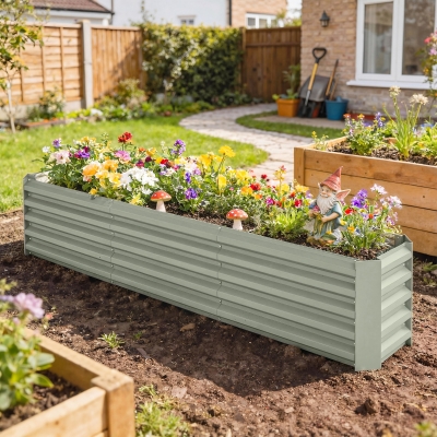Outsunny 8 x 1.3 x 1.5ft Galvanized Raised Garden Bed, Reinforced Outdoor Planter Box with Open Bottom, Light Grey