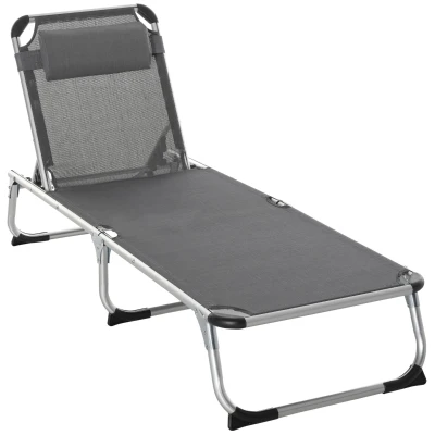 Outsunny Folding Lounge Chair, Aluminum Frame Tanning Chair, Patio Lounger with Headrest, 5-Level Adjustable Backrest, Grey