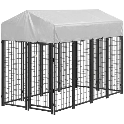 PawHut Outdoor Dog Kennel with Roof, 8' x 4' x 6' Heavy Duty Welded Wire Dog Playpen Enclosure with Escape-proof Lock