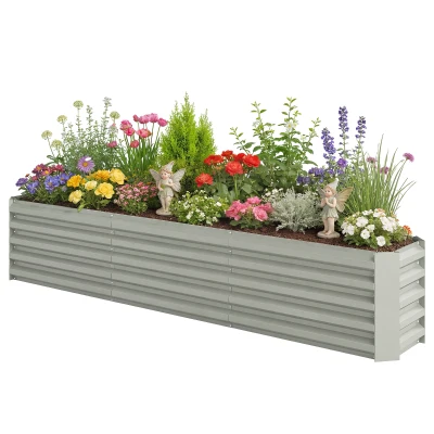 Outsunny 8 x 1.3 x 1.5ft Galvanized Raised Garden Bed, Reinforced Outdoor Planter Box with Open Bottom, Light Grey