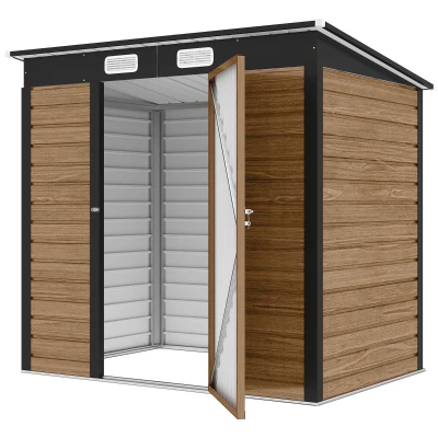 Outsunny 6' x 4' Galvanized Garden Storage Shed, Metal Outdoor Shed with Double Doors and 2 Vents, Teak