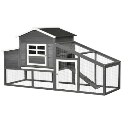 PawHut 79" Wooden Chicken Coop, Outdoor Hen House, Poultry Habitat with Removable Tray, Nesting Box, Run, Ramp, Grey