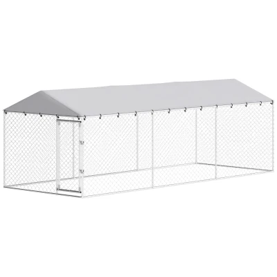 PawHut 19.7' x 7.5' x 6.6' Dog Kennel Outdoor for Small Medium Large Dogs with Waterproof Cover, Silver