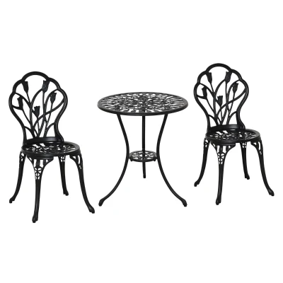 Outsunny 3PCs Patio Bistro Set, Outdoor Cast Aluminum Garden Table and Chairs with Umbrella Hole for Balcony, Black